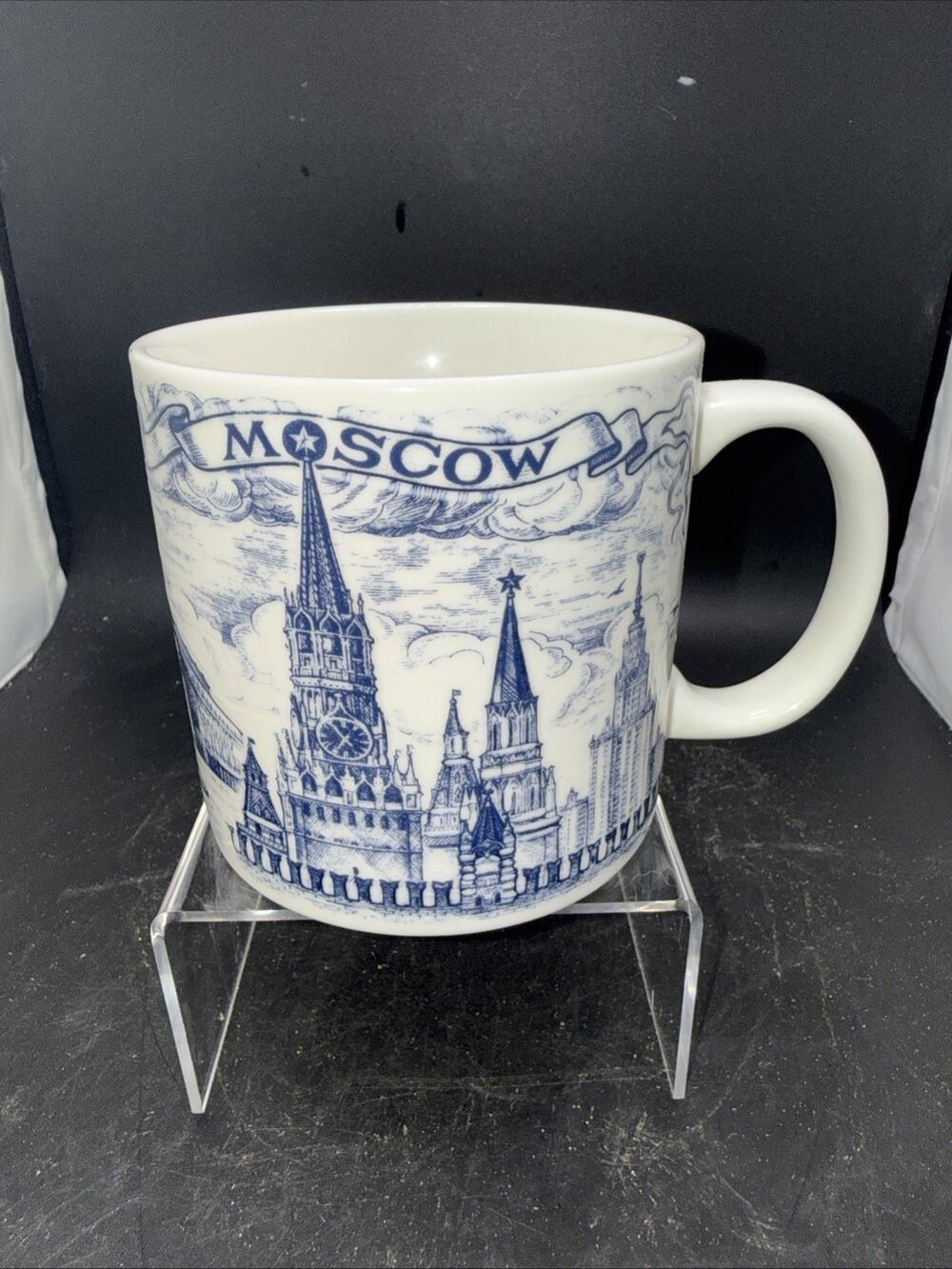 Moscow Russia Souvenir Mug Blue White Porcelain Collector Series Cup